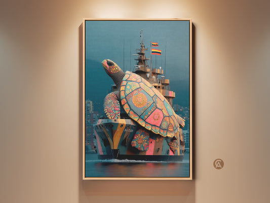 Framed Multicolor Psychedelic Turtle Ship Canvas Art. This surreal nautical artwork features a turtle combined with a ship. The eclectic boho style brings a vibrant touch to any room. A unique piece of marine life wall decor.
