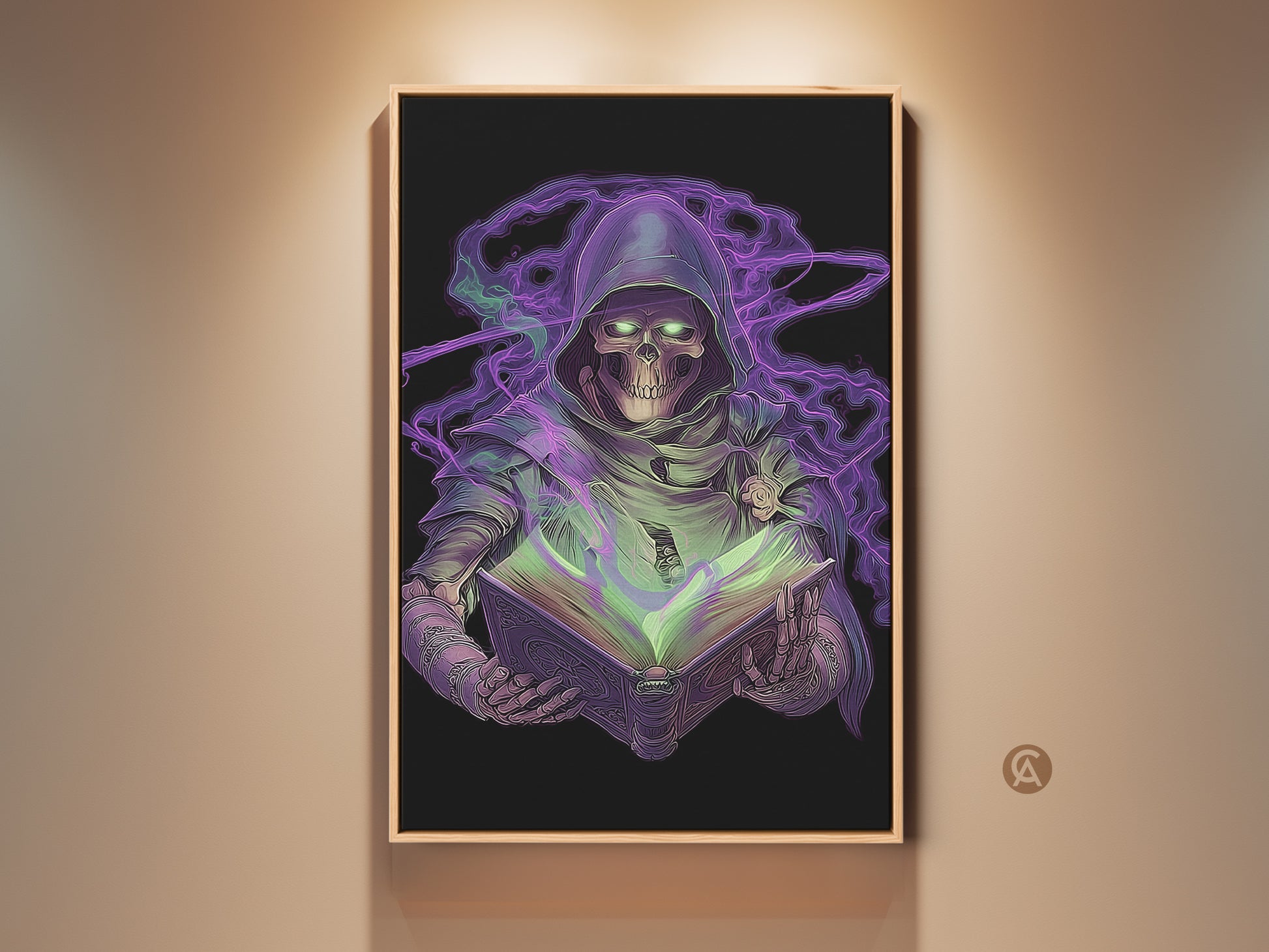 Framed neon purple Grim Reaper art print. Gothic skeleton holds a spellbook. It's dark fantasy wall art for gamer office decor. The print is displayed on a beige wall. Perfect for a study room or Halloween themed decoration