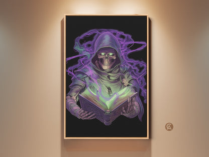 Framed neon purple Grim Reaper art print. Gothic skeleton holds a spellbook. It's dark fantasy wall art for gamer office decor. The print is displayed on a beige wall. Perfect for a study room or Halloween themed decoration