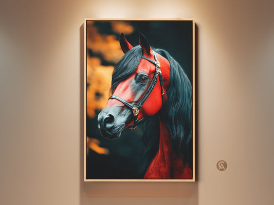 Crimson red horse artwork on canvas. Features a black mane equestrian animal portrait. Ideal study decor and a unique gift for horse lovers. Dramatic and intense photorealistic wildlife art. This horse head with bridle showcases fine equine animal art.