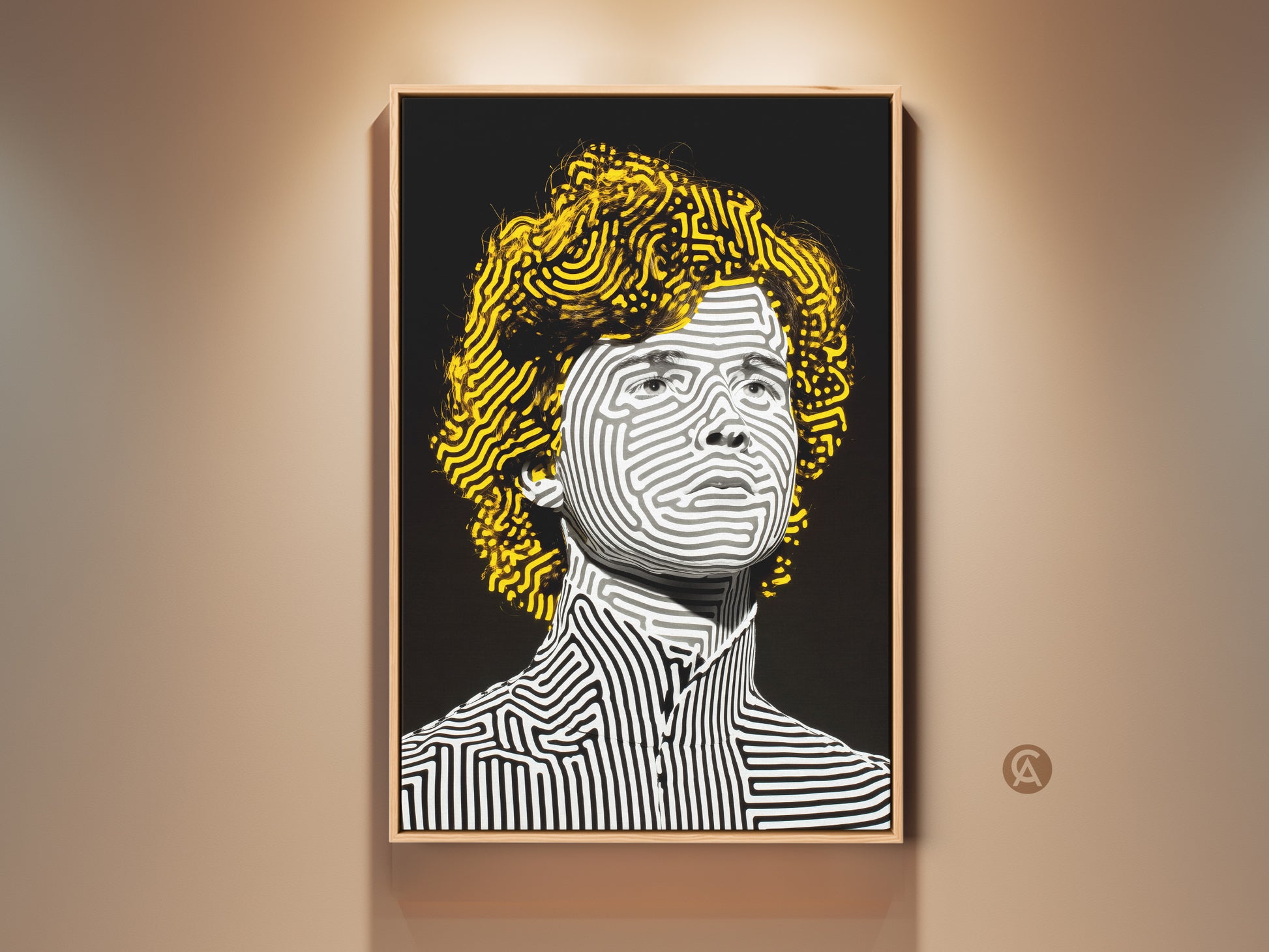 Framed portrait artwork with a unique striped pattern. The art features a person with yellow hair. The artwork is displayed in a well lit room. This contemporary piece adds a modern touch to any space.