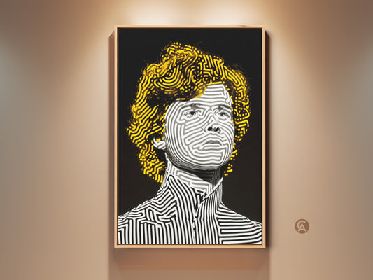 Framed portrait artwork with a unique striped pattern. The art features a person with yellow hair. The artwork is displayed in a well lit room. This contemporary piece adds a modern touch to any space.