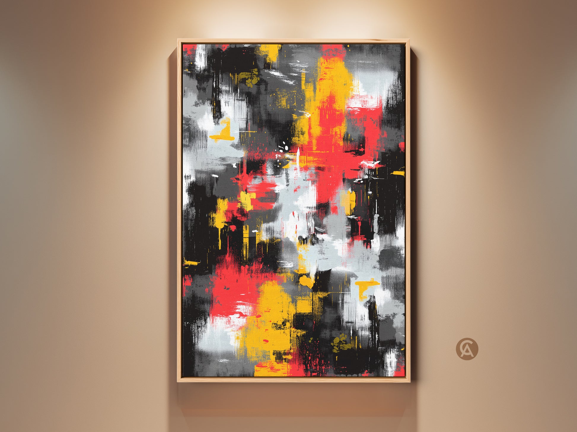 Modern abstract artwork in a wood frame hangs on a beige wall. This contemporary painting features bold strokes of black red and yellow. Perfect wall art to add color and style to any room.