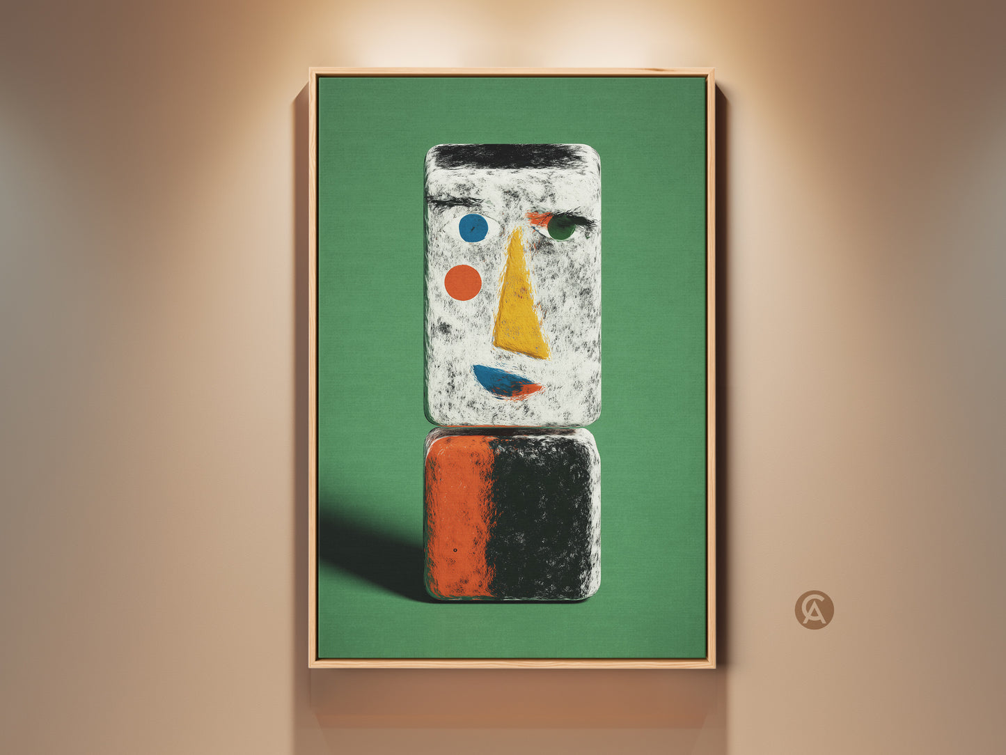 Green abstract face art in a wood frame. This contemporary geometric wall decor features a modern figurine canvas print. A unique piece perfect for an entry hall. It makes a great gift for art lovers.