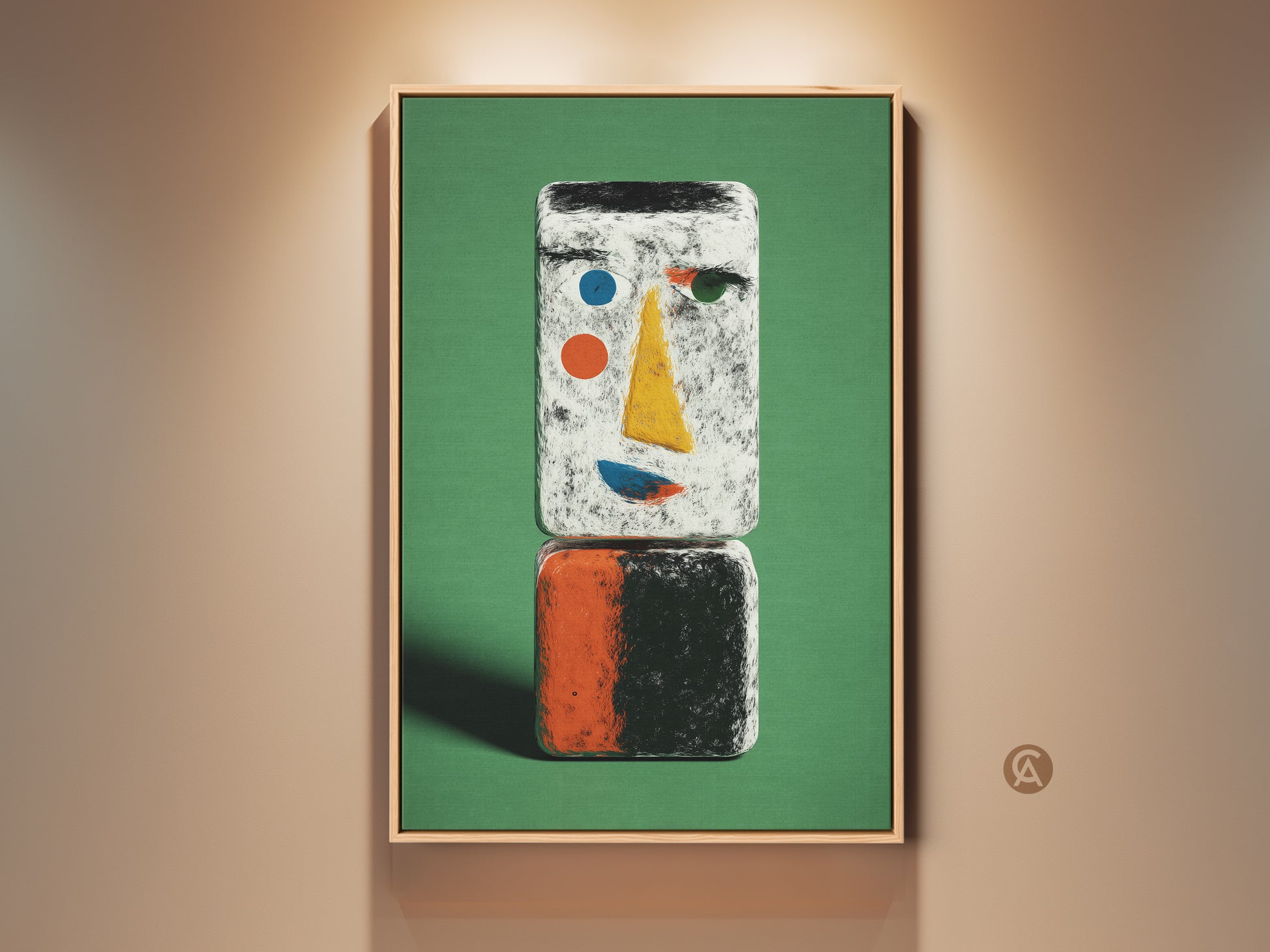 Green abstract face art in a wood frame. This contemporary geometric wall decor features a modern figurine canvas print. A unique piece perfect for an entry hall. It makes a great gift for art lovers.