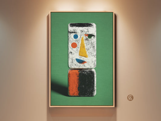 Green abstract face art in a wood frame. This contemporary geometric wall decor features a modern figurine canvas print. A unique piece perfect for an entry hall. It makes a great gift for art lovers.
