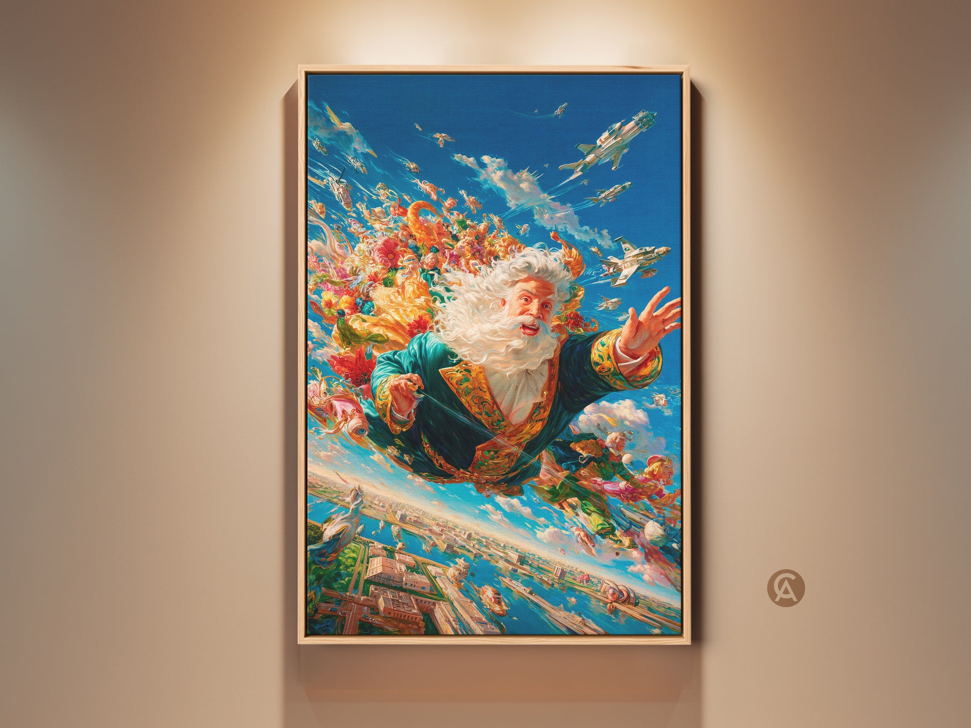 Whimsical fine art canvas print features Santa Claus skydiving. The artwork shows Santa soaring above a cityscape with airplanes. He is surrounded by colorful flowers and clouds. This framed artwork adds a festive touch to any space.