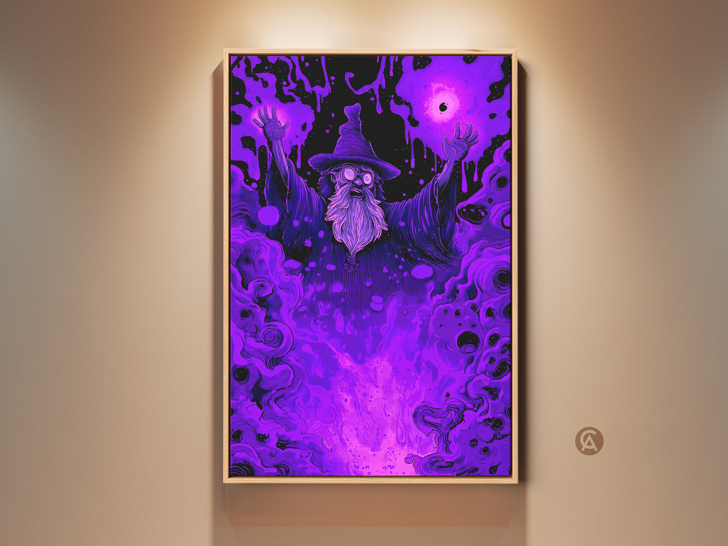 Framed wizard art print on a wall. This fantasy art piece features a wizard in a purple haze. The artwork adds a mystical touch to any home decor. Perfect for magic enthusiasts.