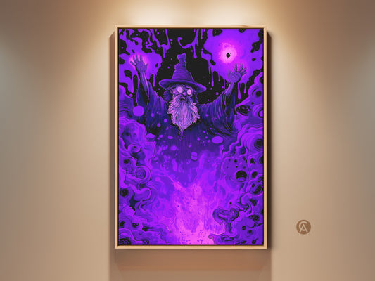 Framed wizard art print on a wall. This fantasy art piece features a wizard in a purple haze. The artwork adds a mystical touch to any home decor. Perfect for magic enthusiasts.