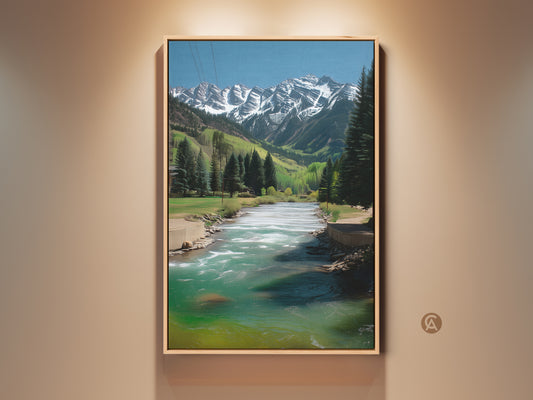 Gallery view of Teal River Mountain artwork. This canvas print showcases snowy peaks and a teal river. Perfect rustic wall decor for outdoor lovers. This realistic nature artwork brings tranquility to any room.