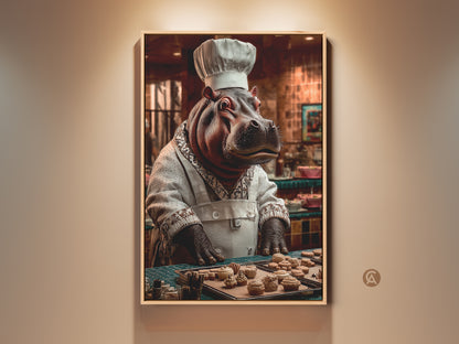 This delightful art print features a hippo chef baking in a cozy kitchen. This animal illustration is ideal kitchen wall decor. The quirky baking decor has red white and brown color palette. A fun gift for home bakers and foodies adding personality to any space.