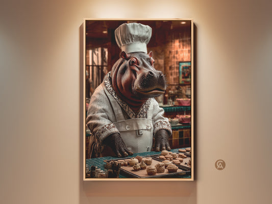 This delightful art print features a hippo chef baking in a cozy kitchen. This animal illustration is ideal kitchen wall decor. The quirky baking decor has red white and brown color palette. A fun gift for home bakers and foodies adding personality to any space.