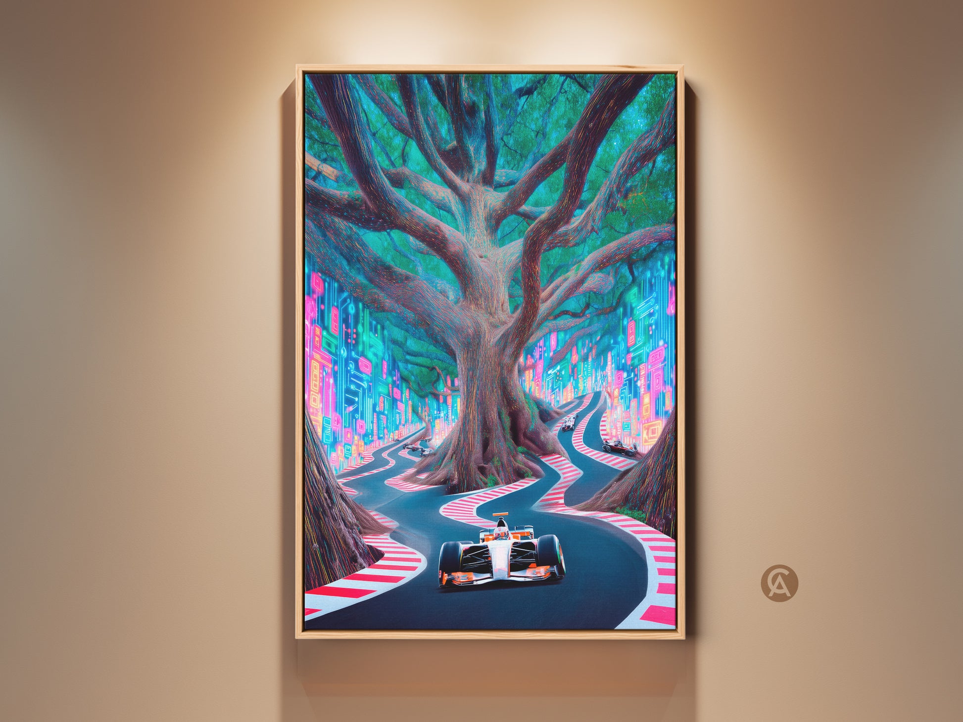 Framed Cyberpunk Racing Canvas Print displays Formula 1 art. A neon tree road is featured. It’s vibrant electric blue and pink office wall decor. Perfect for a F1 fan gift idea. This artwork provides a modern abstract racing style. This is a Tech and Nature Wall Art.