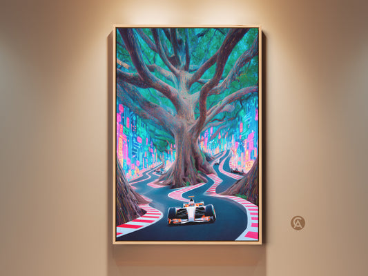 Framed Cyberpunk Racing Canvas Print displays Formula 1 art. A neon tree road is featured. It’s vibrant electric blue and pink office wall decor. Perfect for a F1 fan gift idea. This artwork provides a modern abstract racing style. This is a Tech and Nature Wall Art.