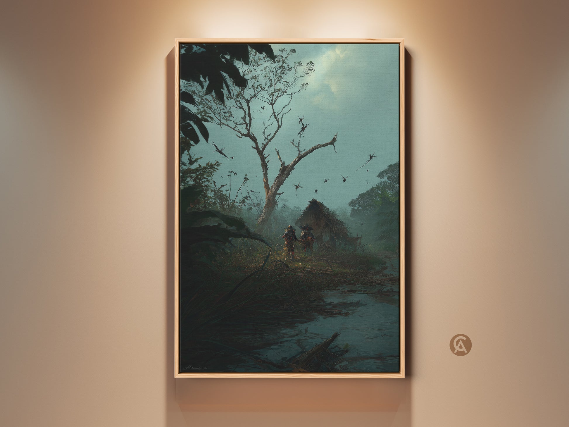 Dark Fantasy art print showcases a misty blue teal landscape. Tribal figures approach a thatched hut. This adventure wall art adds an eclectic touch to study room decor. It is a unique gift for explorers. The deep green tones evoke a sense of wanderlust and ancient mysticism.