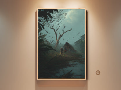 Dark Fantasy art print showcases a misty blue teal landscape. Tribal figures approach a thatched hut. This adventure wall art adds an eclectic touch to study room decor. It is a unique gift for explorers. The deep green tones evoke a sense of wanderlust and ancient mysticism.