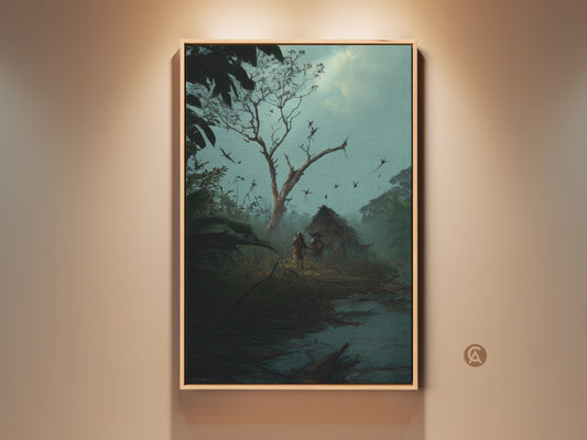 Dark Fantasy art print showcases a misty blue teal landscape. Tribal figures approach a thatched hut. This adventure wall art adds an eclectic touch to study room decor. It is a unique gift for explorers. The deep green tones evoke a sense of wanderlust and ancient mysticism.