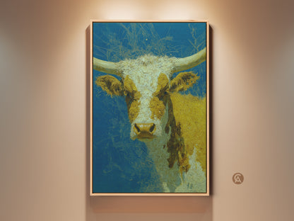 Close-up artwork of a longhorn cow with yellow and white markings. The cow art has a blue background with abstract scratch marks. This wall art is framed with a natural wood color. A beautiful piece for western style decor.
