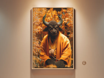 Framed artwork featuring a Minotaur in a Monk Robe. The artwork has a serene yet powerful presence. The Minotaur is set against a backdrop of golden bamboo. Perfect for adding a touch of mythical zen to any space. This piece is ideal for art collectors.