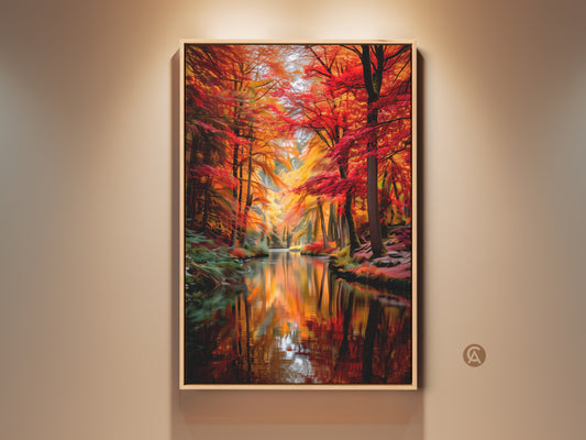 Experience autumn's splendor with this fall forest landscape canvas. Red orange and yellow hues define this nature scenery artwork. The winding river adds depth making it a cozy home decor piece. It is ideal for living rooms or bedrooms seeking a touch of natural beauty. Perfect as a housewarming gift.