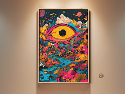 This vibrant framed artwork features a surreal landscape dominated by a large yellow eye. The eye oversees a colorful world with mountains planets and winding rivers. Add a touch of cosmic whimsy to your wall decor with this eye-catching statement piece.
