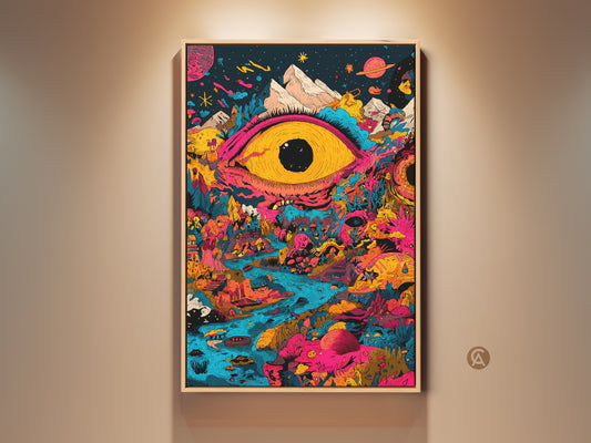 This vibrant framed artwork features a surreal landscape dominated by a large yellow eye. The eye oversees a colorful world with mountains planets and winding rivers. Add a touch of cosmic whimsy to your wall decor with this eye-catching statement piece.