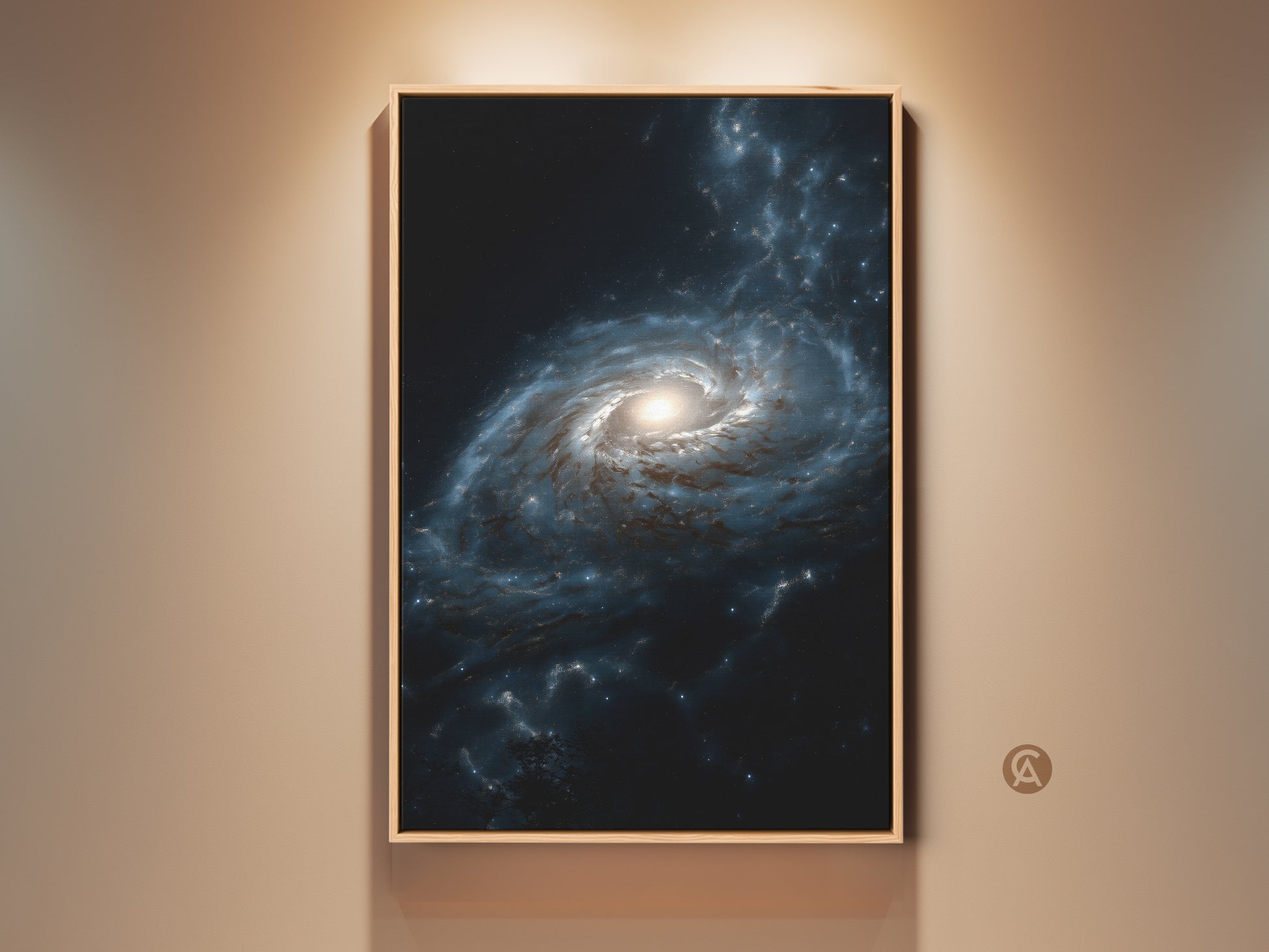 Framed deep blue galaxy nebula canvas art is displayed in a room with warm lighting. This contemporary cosmic space wall hanging adds a touch of the universe to any room. It's a perfect gift for sci-fi fans looking for unique stars artwork.