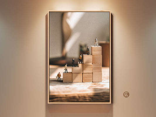 Conceptual business artwork showcases miniature people climbing wooden blocks This motivational office decor features a beige tan minimalist canvas print Ideal for inspiring workplace success and career growth This contemporary art print adds a sophisticated touch to any office or home setting Perfect gift for entrepreneurs and business professionals seeking motivation