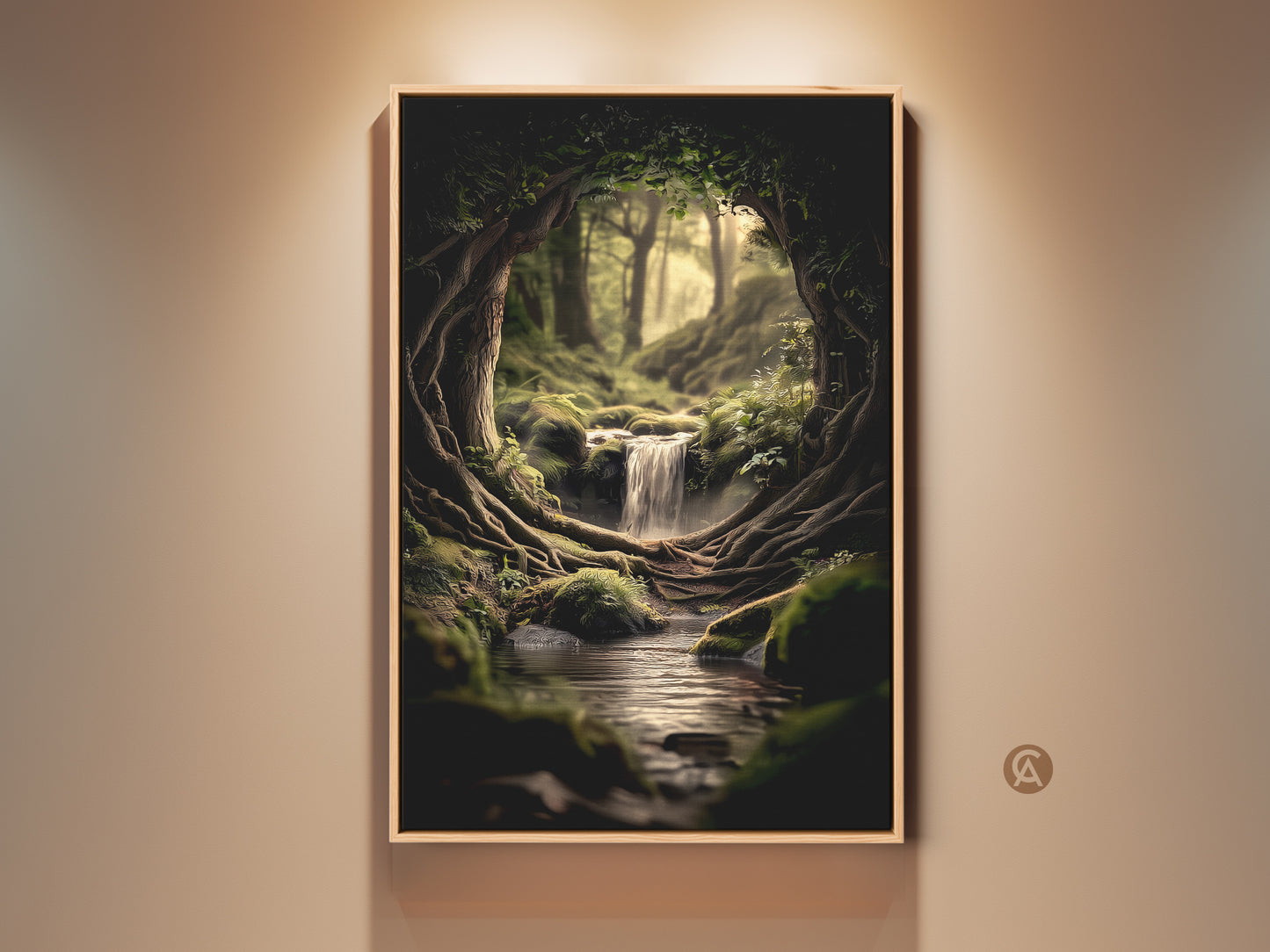 Framed emerald forest waterfall art print hangs on a neutral wall. It features moss green tree roots and a biophilic nature scene. Perfect nature lover gift or housewarming wall decor.