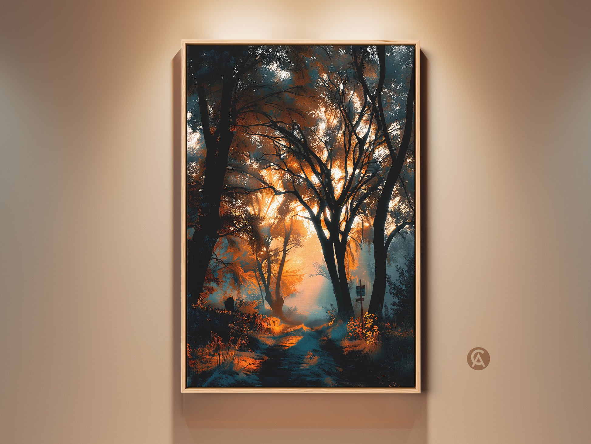 Framed forest path artwork with a golden glow. This captivating artwork brings nature indoors. The warm light and cool shadows create depth. A stunning piece for any room. Buy now!