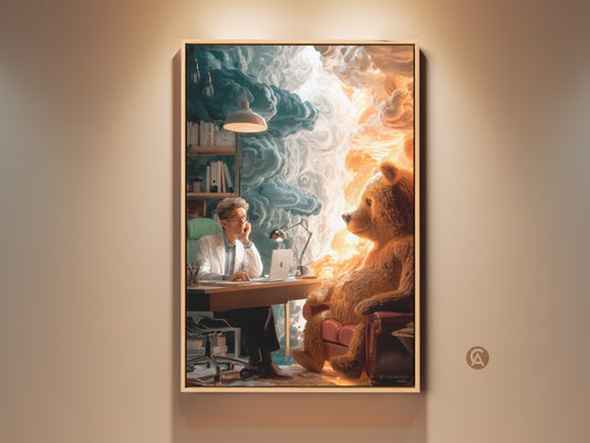 Surreal man and bear in an office canvas art. This gold and teal fantasy artwork brings an eclectic vibe. It is a thought-provoking piece for office decor. The art print offers a bold statement for unconventional art lovers. It is a unique therapy client present.