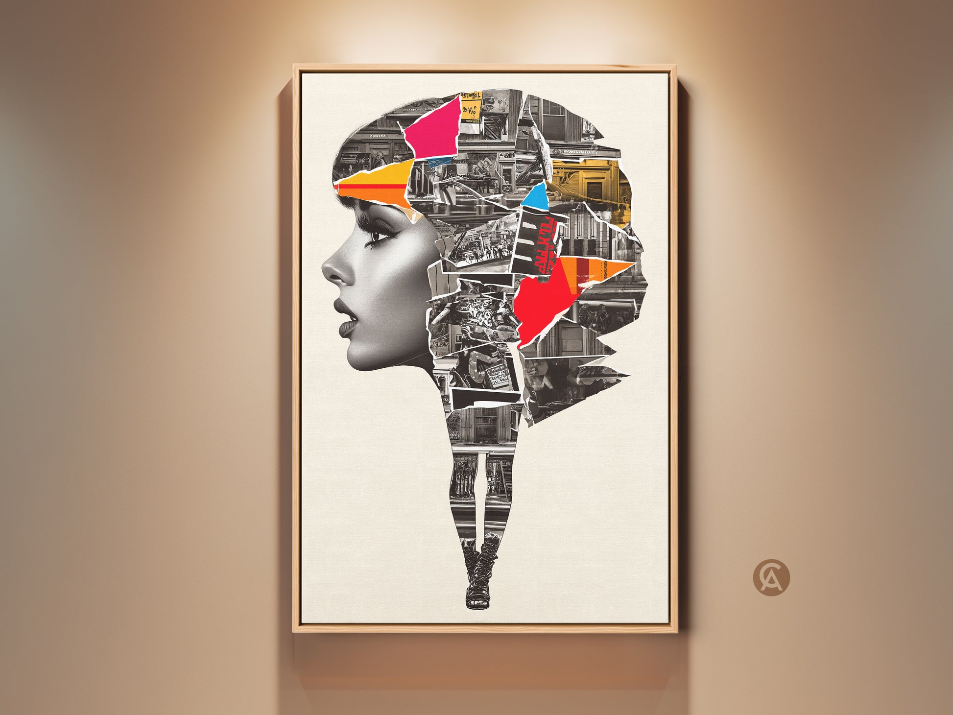 Framed Abstract Woman Portrait Art Print on a wall. Urban collage mixed media canvas artwork is displayed in a wood frame. The contemporary wall decor features crimson cobalt blue accents. It makes a chic and stylish gift.