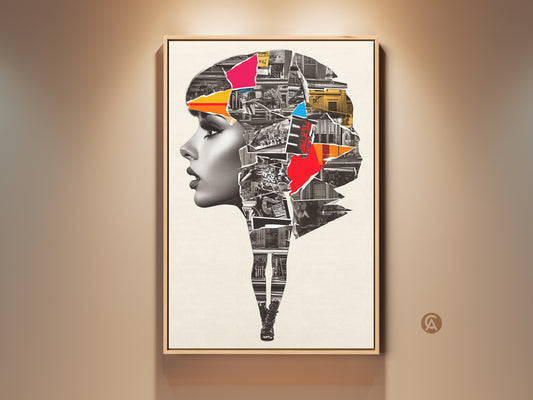 Framed Abstract Woman Portrait Art Print on a wall. Urban collage mixed media canvas artwork is displayed in a wood frame. The contemporary wall decor features crimson cobalt blue accents. It makes a chic and stylish gift.