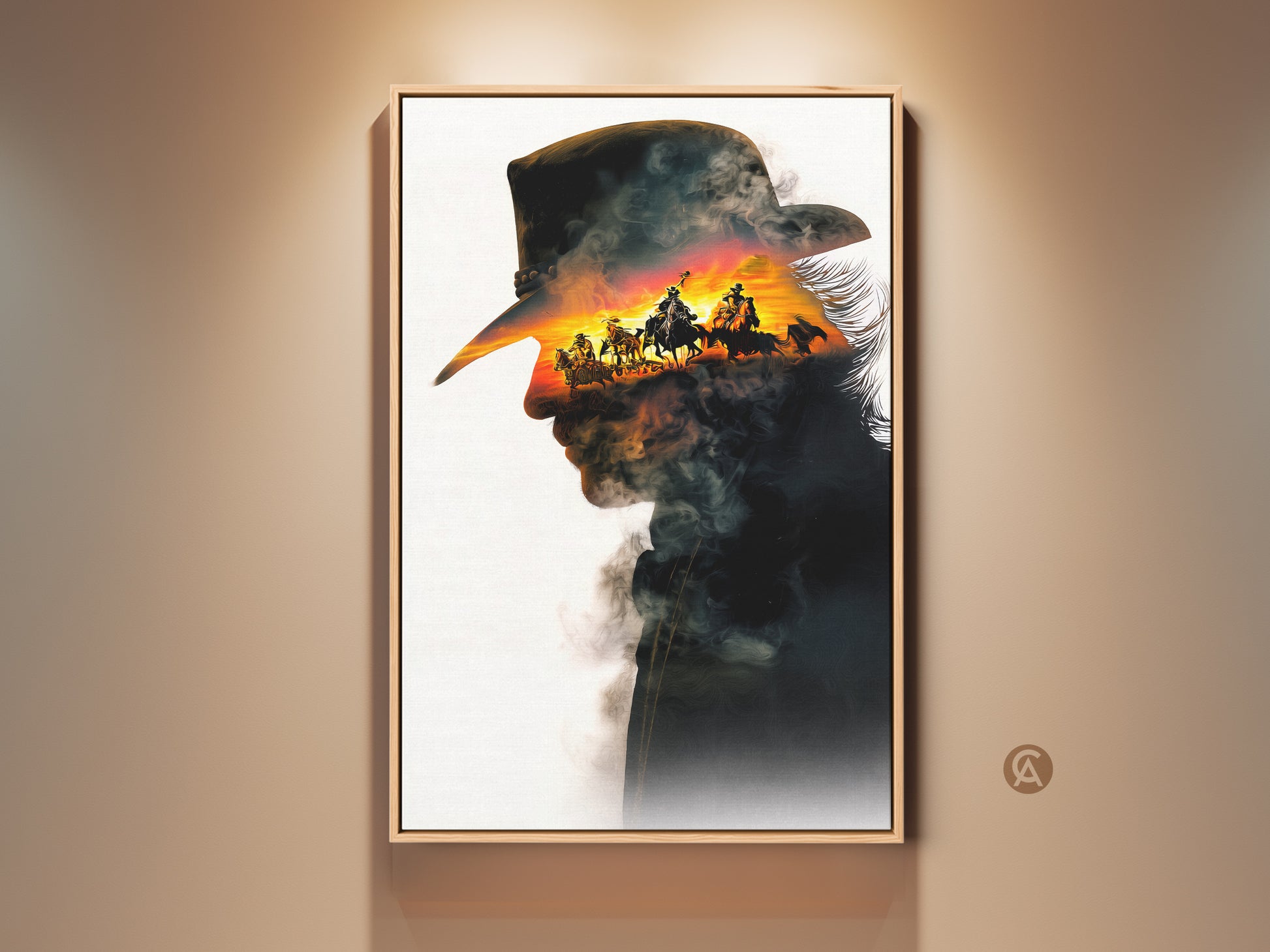 Framed Double Exposure Cowboy Art Print adds rustic western charm. The canvas showcases a silhouette with a sunset horseback riding scene. Rich orange red and yellow hues create a cinematic effect. Perfect adventurous wall decor for a man cave or Father's Day gift.