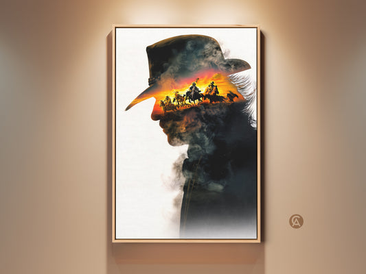 Framed Double Exposure Cowboy Art Print adds rustic western charm. The canvas showcases a silhouette with a sunset horseback riding scene. Rich orange red and yellow hues create a cinematic effect. Perfect adventurous wall decor for a man cave or Father's Day gift.