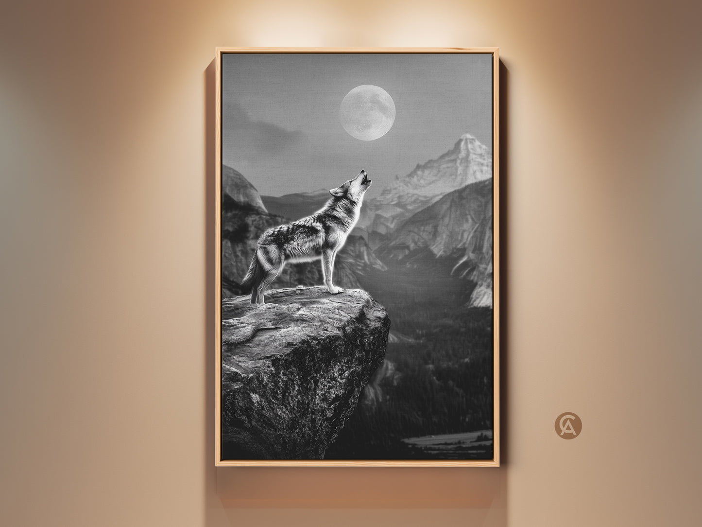 Rustic wolf canvas art displayed in a warm setting. The monochrome howling wolf print captures a moonlit mountain landscape. This wildlife animal art adds a touch of nature to any room. Perfect lodge style wall decor for rustic home or den. Discover the beauty of this black and white animal art.