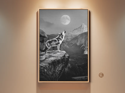 Rustic wolf canvas art displayed in a warm setting. The monochrome howling wolf print captures a moonlit mountain landscape. This wildlife animal art adds a touch of nature to any room. Perfect lodge style wall decor for rustic home or den. Discover the beauty of this black and white animal art.
