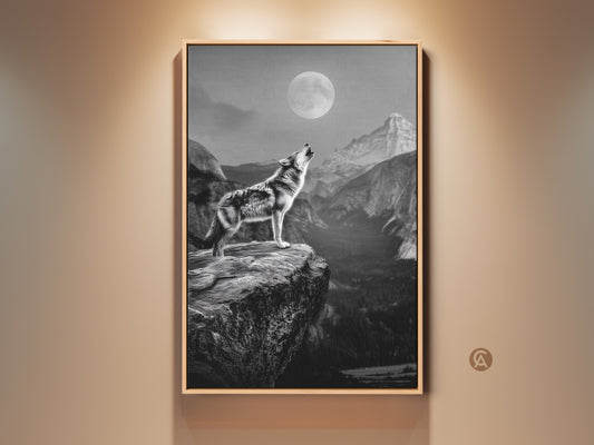 Rustic wolf canvas art displayed in a warm setting. The monochrome howling wolf print captures a moonlit mountain landscape. This wildlife animal art adds a touch of nature to any room. Perfect lodge style wall decor for rustic home or den. Discover the beauty of this black and white animal art.