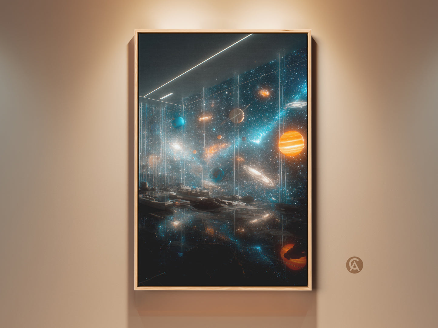 Framed space art print. A vibrant solar system artwork with planets stars and cosmic dust. This artwork is a stunning piece perfect for adding a touch of cosmic wonder to any room. The print is framed and ready to hang. A great addition for space lovers