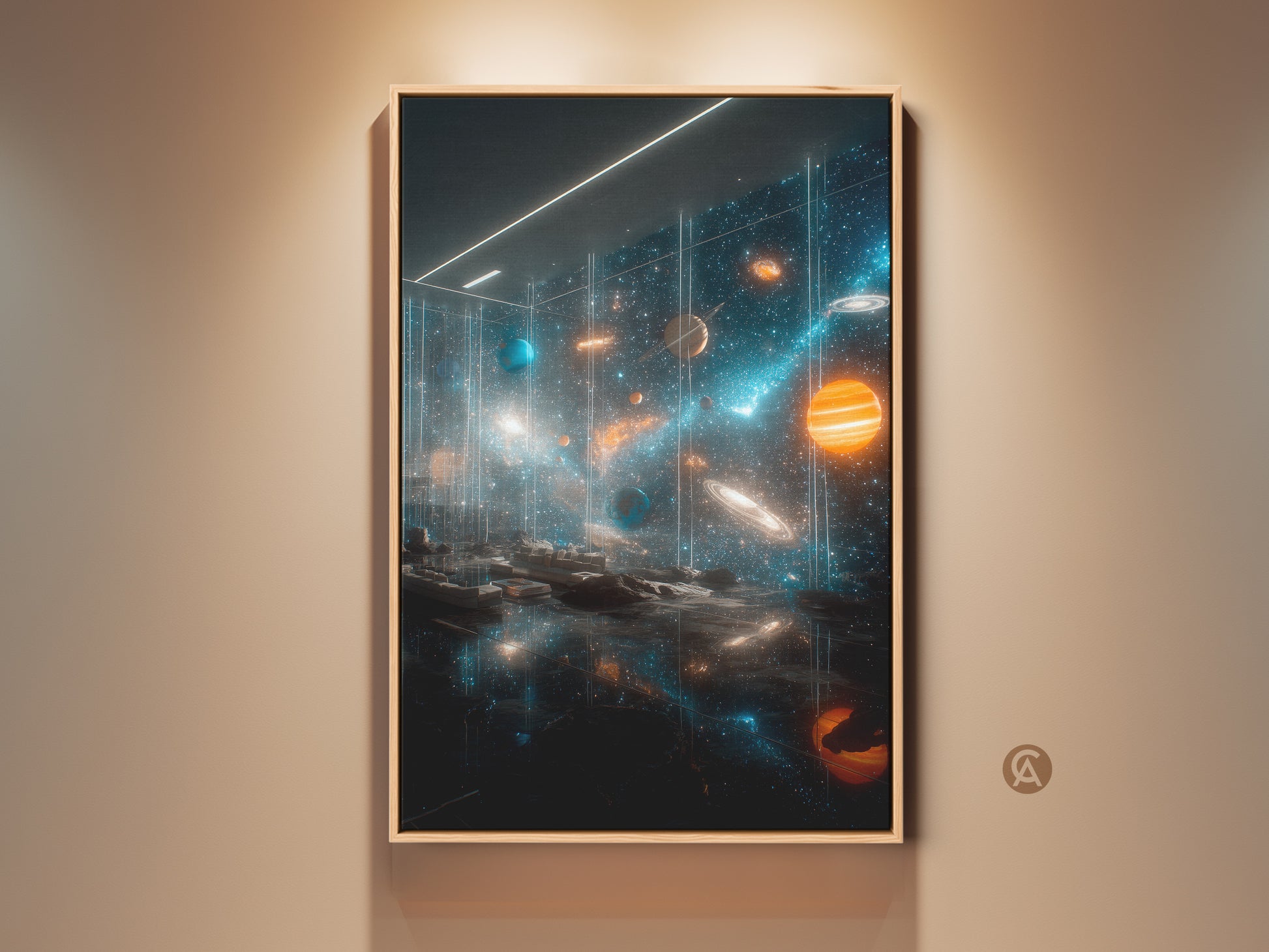Framed space art print. A vibrant solar system artwork with planets stars and cosmic dust. This artwork is a stunning piece perfect for adding a touch of cosmic wonder to any room. The print is framed and ready to hang. A great addition for space lovers