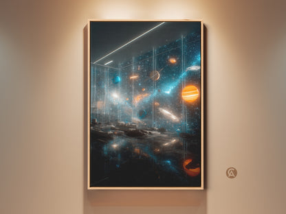 Framed space art print. A vibrant solar system artwork with planets stars and cosmic dust. This artwork is a stunning piece perfect for adding a touch of cosmic wonder to any room. The print is framed and ready to hang. A great addition for space lovers