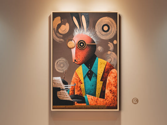Rabbit at Typewriter Canvas Art. This surreal art piece blends modern folk style with abstract elements. A unique orange teal abstract office wall decor. A perfect gift for writers. The artwork features a rabbit in a suit typing away. The animal artwork is a captivating piece for any room.