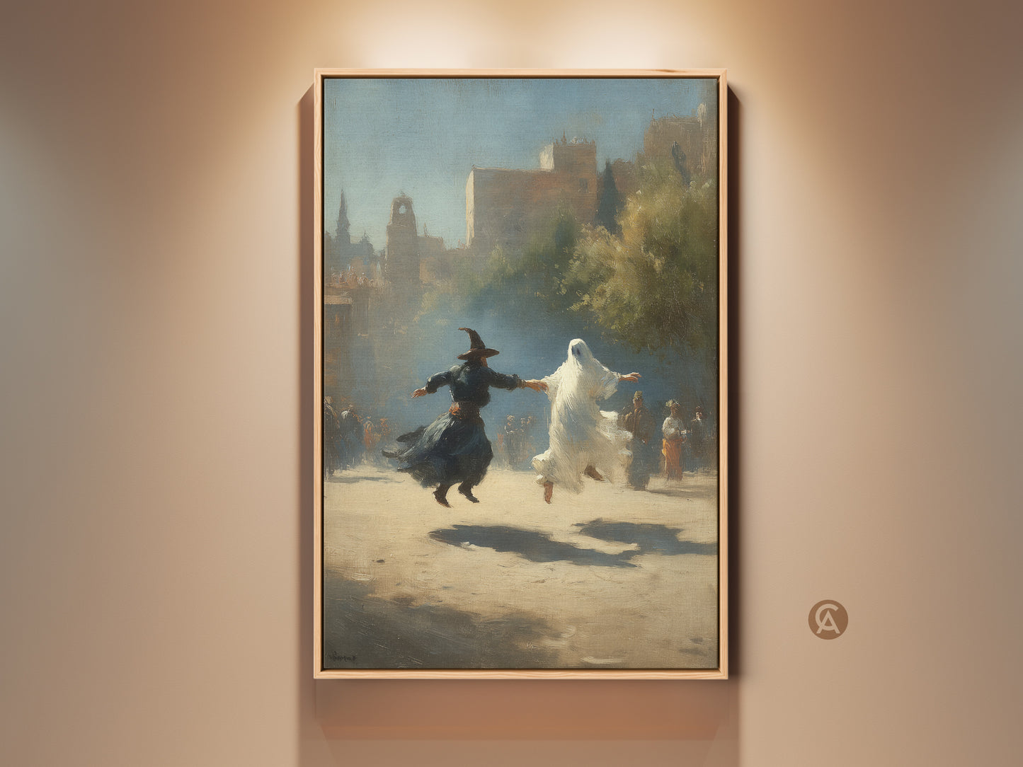 Sepia tone gothic artwork featuring a witch and ghost dancing. This Halloween fantasy wall art is in a classical realism style. Perfect earth tone wall decor for a study room or eclectic home adding old world charm and a spooky touch. A collectible gothic art print.