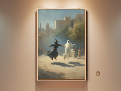 Sepia tone gothic artwork featuring a witch and ghost dancing. This Halloween fantasy wall art is in a classical realism style. Perfect earth tone wall decor for a study room or eclectic home adding old world charm and a spooky touch. A collectible gothic art print.