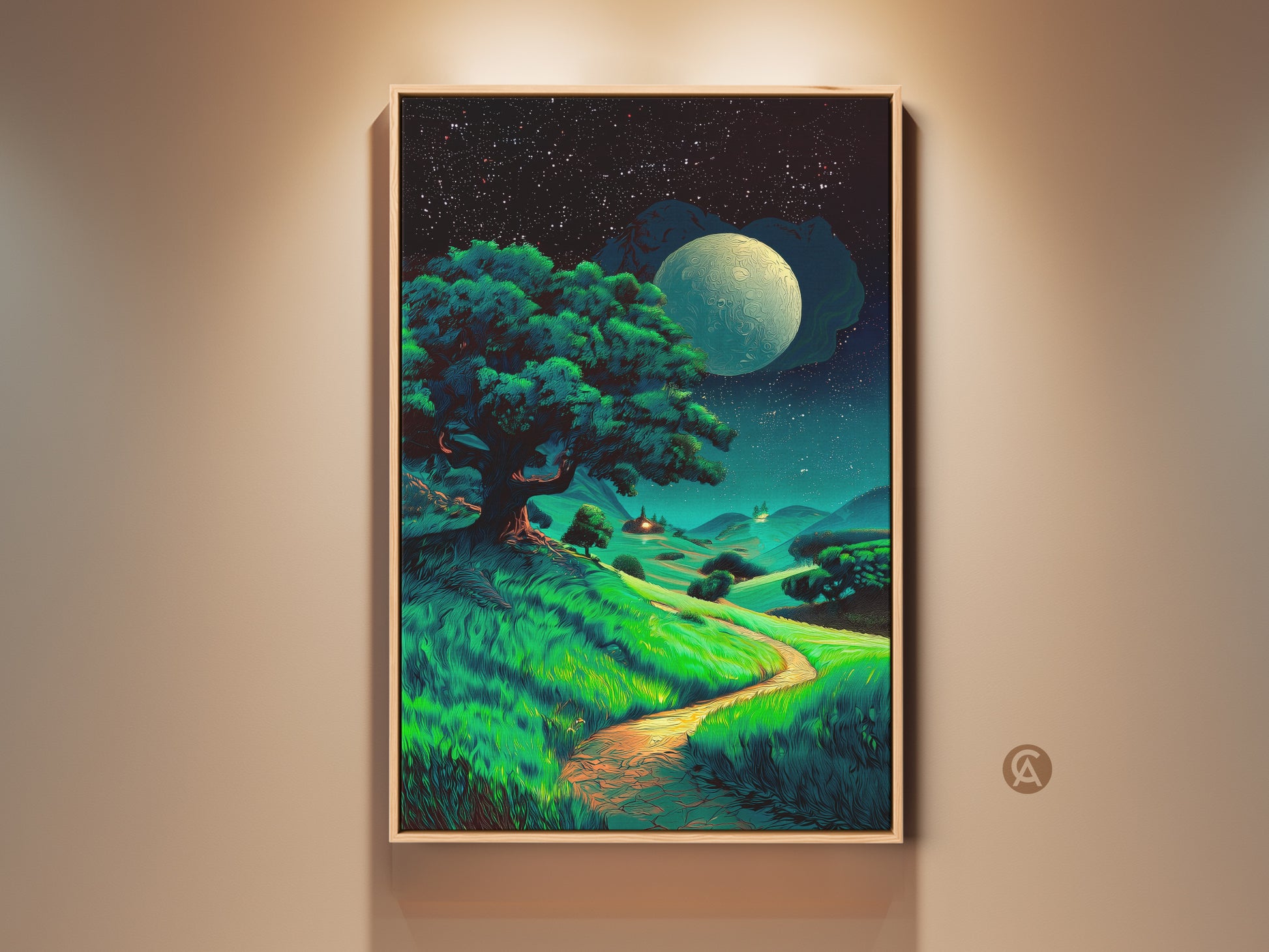 Framed moonlit tree art is displayed in a room setting. This fantasy landscape canvas art features a starry night sky. The green blue teal color palette makes it a celestial artwork gift.