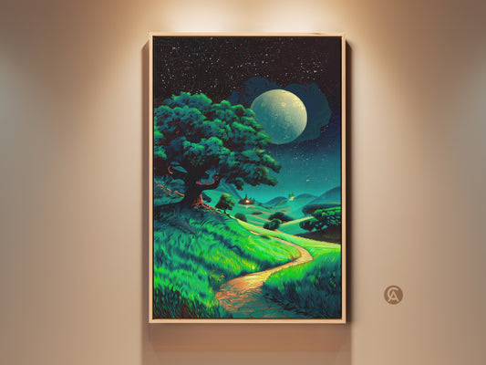 Framed moonlit tree art is displayed in a room setting. This fantasy landscape canvas art features a starry night sky. The green blue teal color palette makes it a celestial artwork gift.