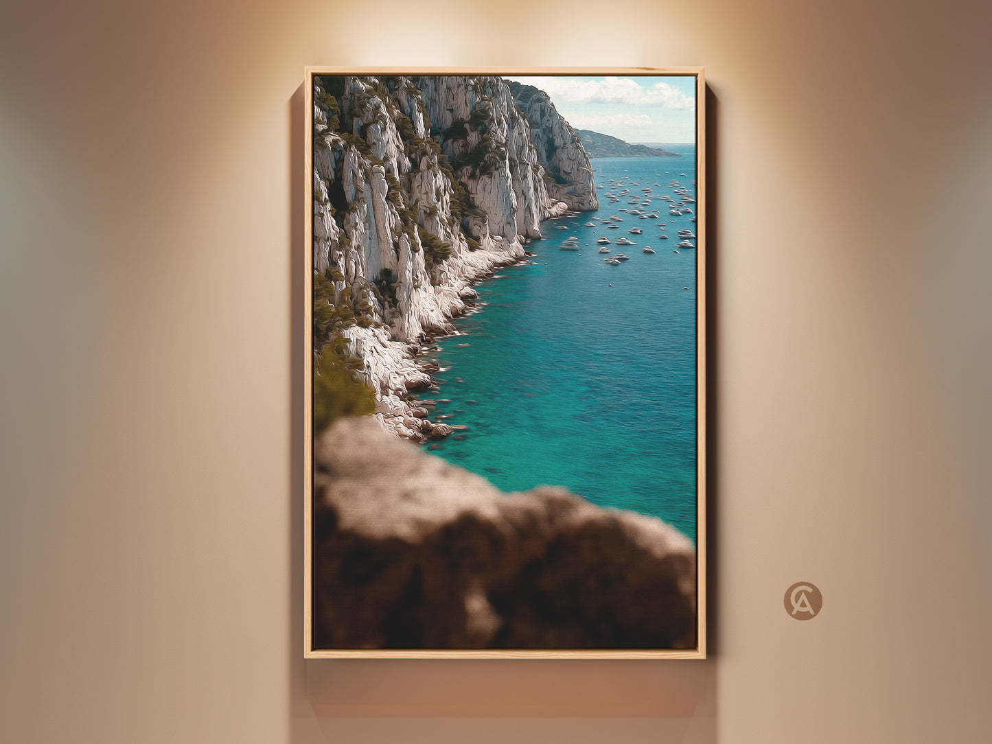 Framed Ocean Cliffs Art Print. A Coastal turquoise deep blue seascape canvas wall art adds serenity to any room. It makes a thoughtful housewarming gift for beach lovers. The wood frame complements the seaside landscape artwork beautifully.