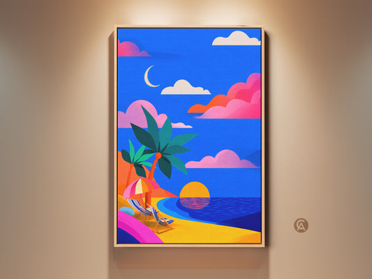 Framed beach artwork on display. The wall art features a vibrant beach scene with palm trees. A crescent moon is in the blue sky. Pink clouds add a touch of whimsy. Perfect tropical art for coastal decor. Add a vacation vibe to your living room or office.