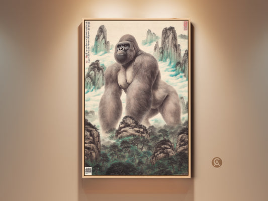Traditional Chinese gorilla landscape art on canvas. This animal wall decor blends a mountain scene with an ink wash print. Perfect for a home office gallery or eclectic wall hanging. The muted colors and artistic nature print create a statement piece for animal lovers. A unique collectible wildlife art to enhance your study room decor.
