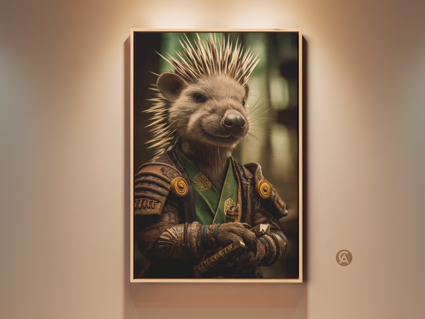 This Woodland Samurai Hedgehog art print makes a unique addition to any room. The fantasy animal warrior holds a katana. It is perfect green brown office wall decor for fantasy lovers and collectors.